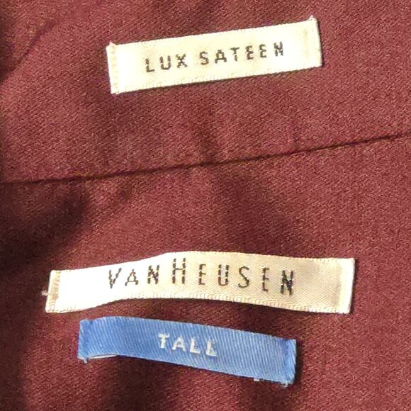 Van Heusen Mens Size Tall 18.5 37/38 Button Up Long Sleeve Lux Sateen Wine/Burg - Picture 5 of 5